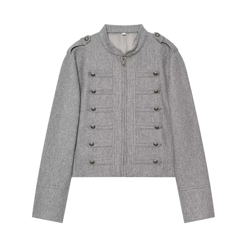 Damen Militärinspirierte Wolljacke mit Stehkragen, dekorativen Zierknopfreihen und Reißverschluss Drune