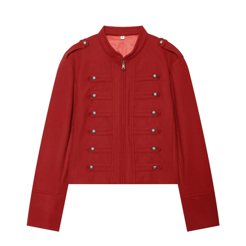 Damen Militärinspirierte Wolljacke mit Stehkragen, dekorativen Zierknopfreihen und Reißverschluss Drune