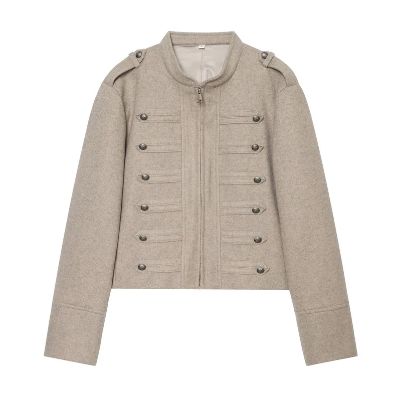 Damen Militärinspirierte Wolljacke mit Stehkragen, dekorativen Zierknopfreihen und Reißverschluss Drune