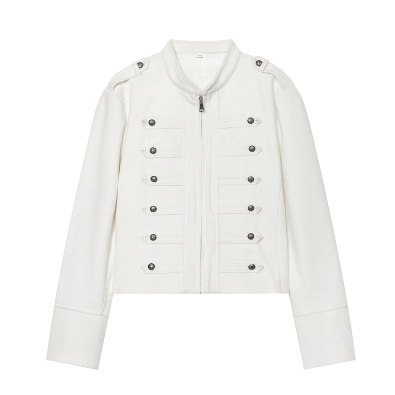 Damen Militärinspirierte Wolljacke mit Stehkragen, dekorativen Zierknopfreihen und Reißverschluss Drune