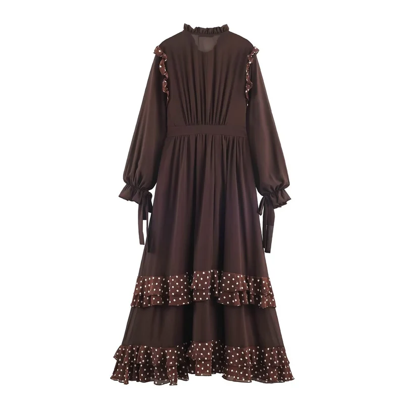 Damen Midikleid mit Volantstufen, Stehkragen und Ballonärmeln Drune