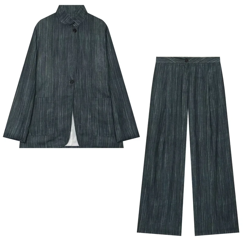 Damen Lockerer Longblazer im Nadelstreifen‑Look mit Stehkragen und aufgesetzten Taschen Drune