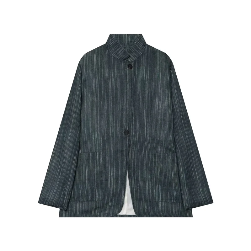 Damen Lockerer Longblazer im Nadelstreifen‑Look mit Stehkragen und aufgesetzten Taschen Drune