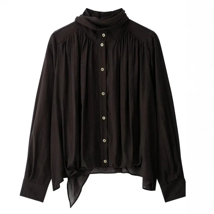 Damen Locker fallende Chiffon‑Bluse mit Schalkragen, Knopfleiste und Ballonärmeln Drune
