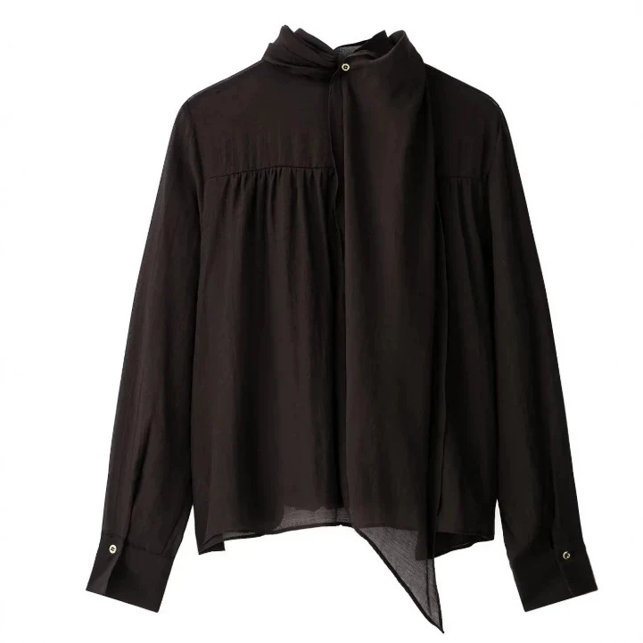 Damen Locker fallende Chiffon‑Bluse mit Schalkragen, Knopfleiste und Ballonärmeln Drune