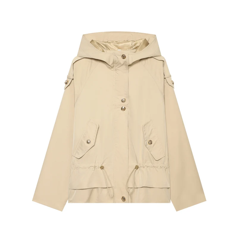 Damen leichter taillierbarer Kapuzen‑Parka mit Tunnelzug, Pattentaschen und Knopfleiste Drune