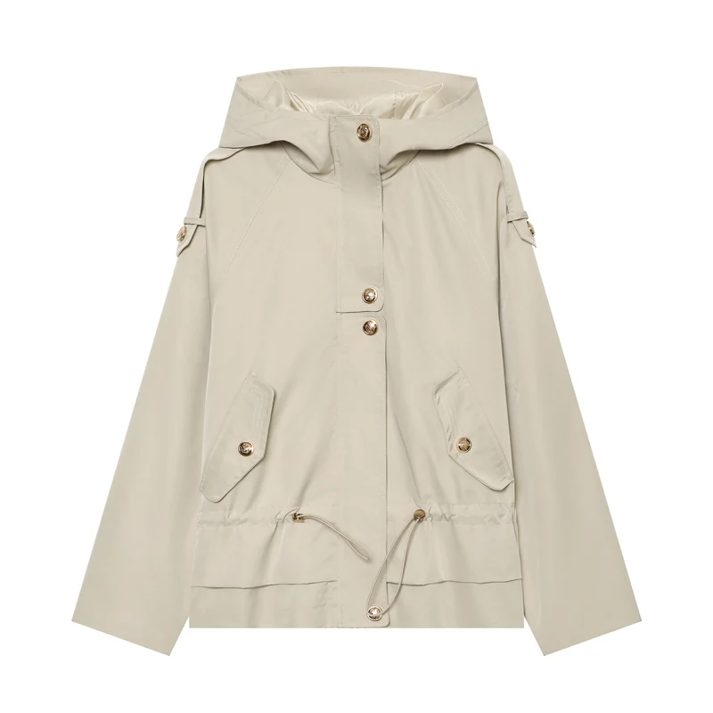 Damen leichter taillierbarer Kapuzen‑Parka mit Tunnelzug, Pattentaschen und Knopfleiste Drune