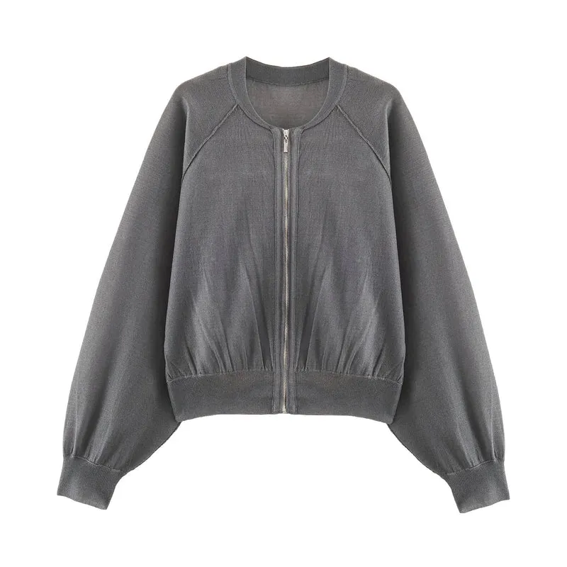 Damen Leichter Strick‑Bomber mit Reißverschluss, Ballonärmeln und gerafftem Saum Drune