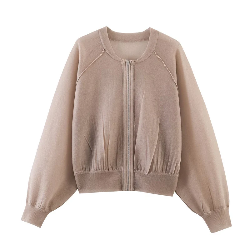 Damen Leichter Strick‑Bomber mit Reißverschluss, Ballonärmeln und gerafftem Saum Drune