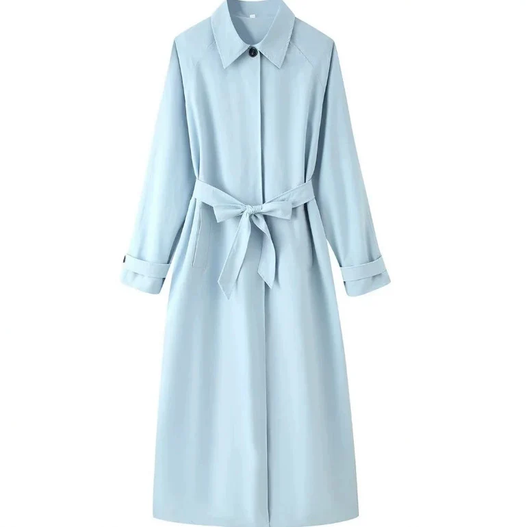 Damen Leichter knielanger Trenchcoat im Clean‑Look mit Bindegürtel und verdeckter Knopfleiste Drune