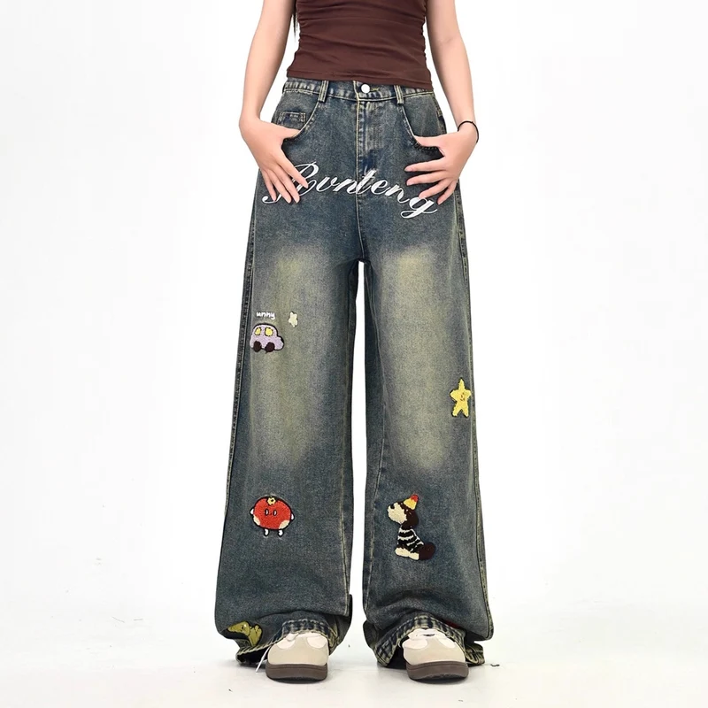 Damen Weitgeschnittene Kostümjeans mit buntem Stickdesign Drune