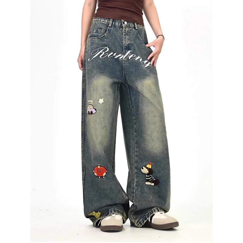 Damen Weitgeschnittene Kostümjeans mit buntem Stickdesign Drune