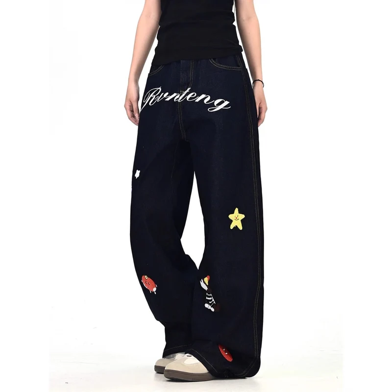 Damen Weitgeschnittene Kostümjeans mit buntem Stickdesign Drune