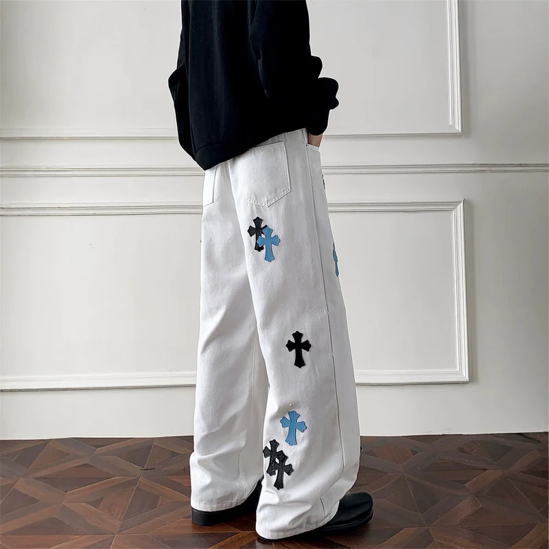 Damen Weitgeschnittene Denim-Hose mit kreativem Kreuzdesign Drune