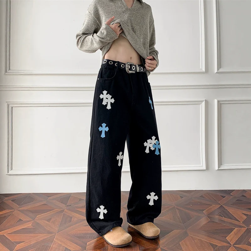Damen Weitgeschnittene Denim-Hose mit kreativem Kreuzdesign Drune