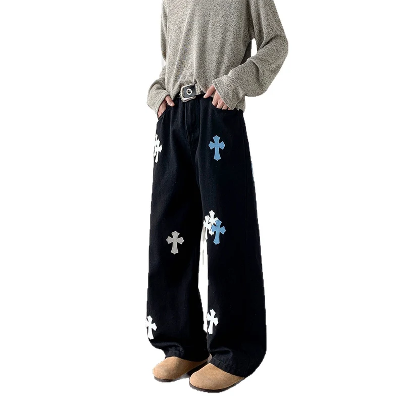Damen Weitgeschnittene Denim-Hose mit kreativem Kreuzdesign Drune
