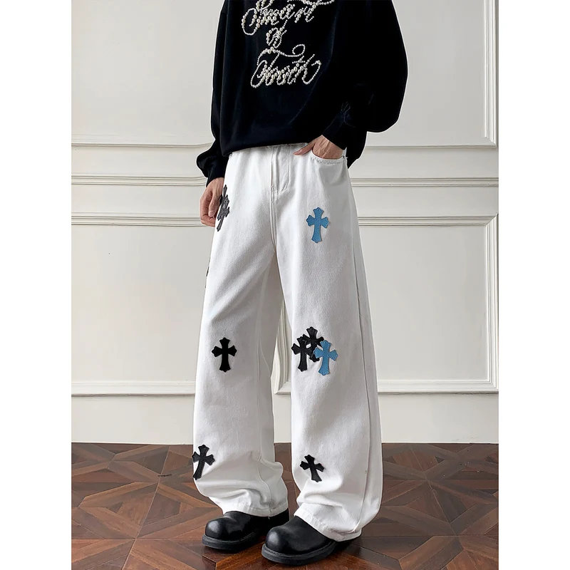 Damen Weitgeschnittene Denim-Hose mit kreativem Kreuzdesign Drune