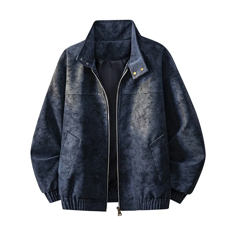 Herren Oversize-Boxy-Jacke in Veloursleder-Optik mit hohem Stehkragen, Zwei-Wege-Reißverschluss & Tunnelzugsaum Drune