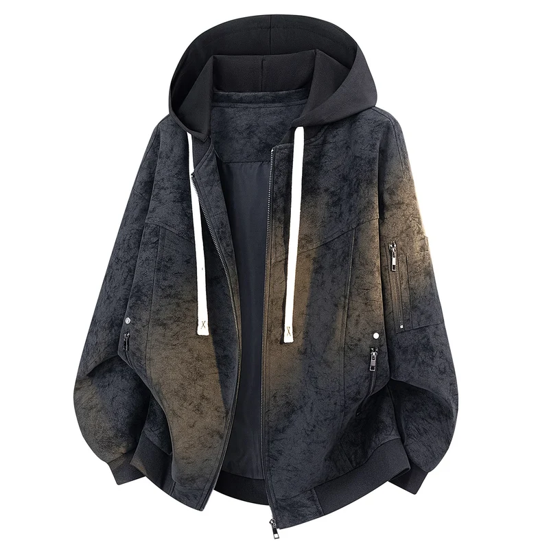 Herren Oversize-Bomberjacke mit Kapuze in Velours‑Optik & Ärmeltasche Drune