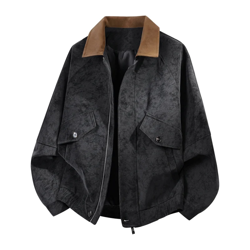 Herren Oversize Bomberjacke in Veloursleder-Optik mit kontrastierendem Kragen, Pattentaschen & elastischem Saum Drune