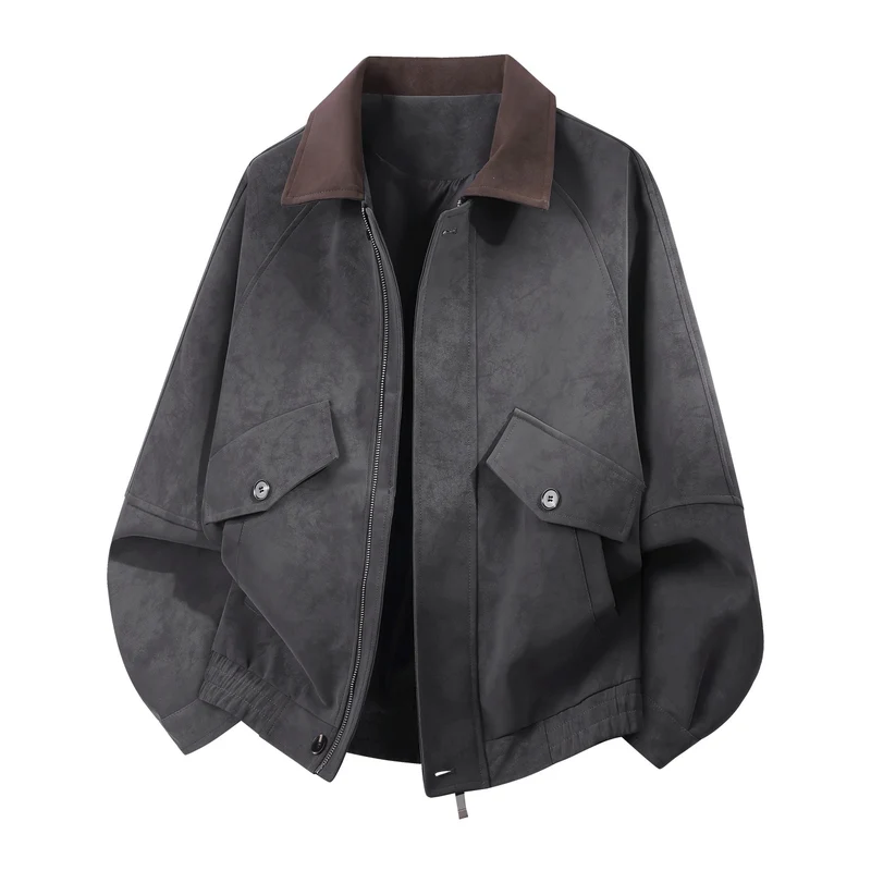 Herren Oversize Bomberjacke in Veloursleder-Optik mit kontrastierendem Kragen, Pattentaschen & elastischem Saum Drune