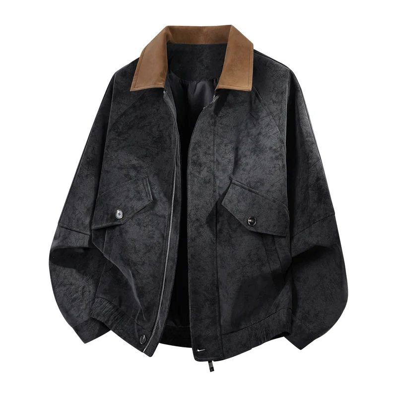 Herren Oversize Bomberjacke in Veloursleder-Optik mit kontrastierendem Kragen, Pattentaschen & elastischem Saum Drune