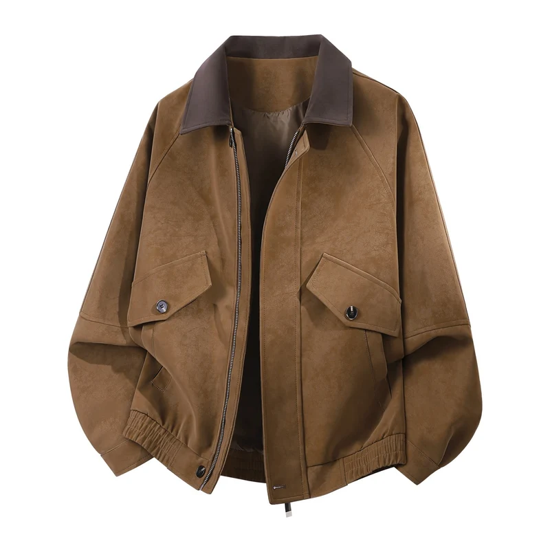 Herren Oversize Bomberjacke in Veloursleder-Optik mit kontrastierendem Kragen, Pattentaschen & elastischem Saum Drune