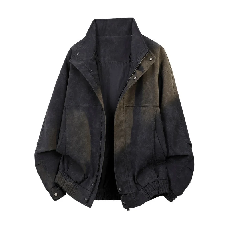 Herren Oversize Bomberjacke im Vintage-Velours-Look mit Stehkragen, elastischem Saum & Druckknopfdetails Drune
