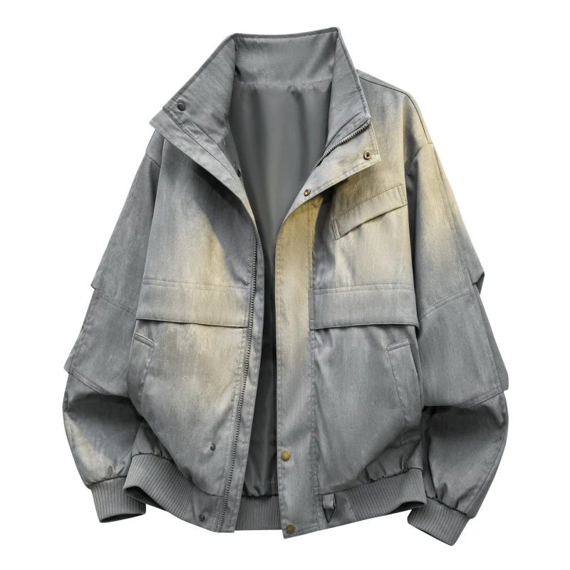 Herren Oversize-Bomberjacke im Vintage-Denim-Look mit Utility-Taschen & elastischem Saum Drune