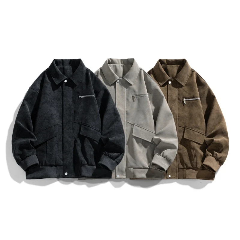 Herren Oversize Bomberjacke im Veloursleder‑Look mit Brustreißverschluss & Pattentaschen Drune