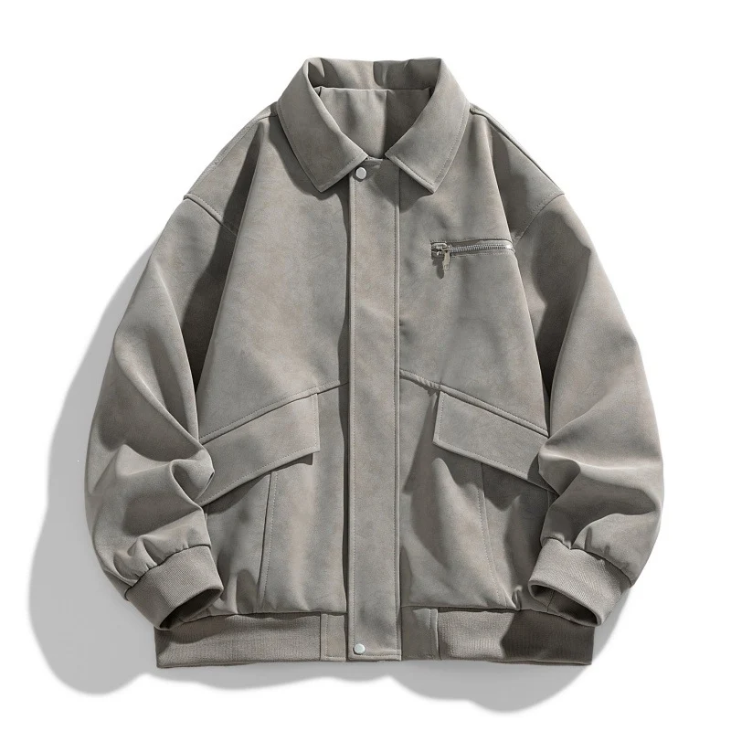 Herren Oversize Bomberjacke im Veloursleder‑Look mit Brustreißverschluss & Pattentaschen Drune
