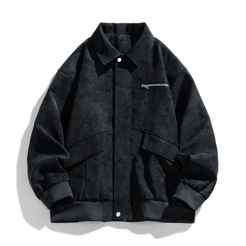 Herren Oversize Bomberjacke im Veloursleder‑Look mit Brustreißverschluss & Pattentaschen Drune
