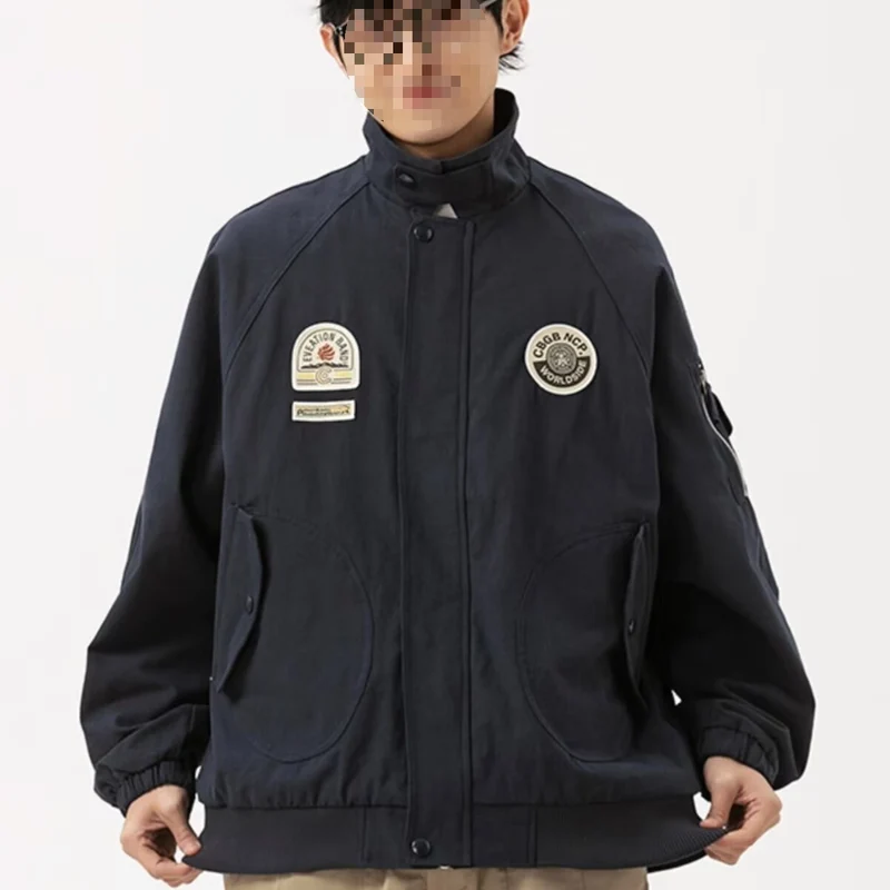Herren Overshirt-Bomberjacke im Military-Look mit Emblem‑Patches, Ärmeltasche & geripptem Saum Drune