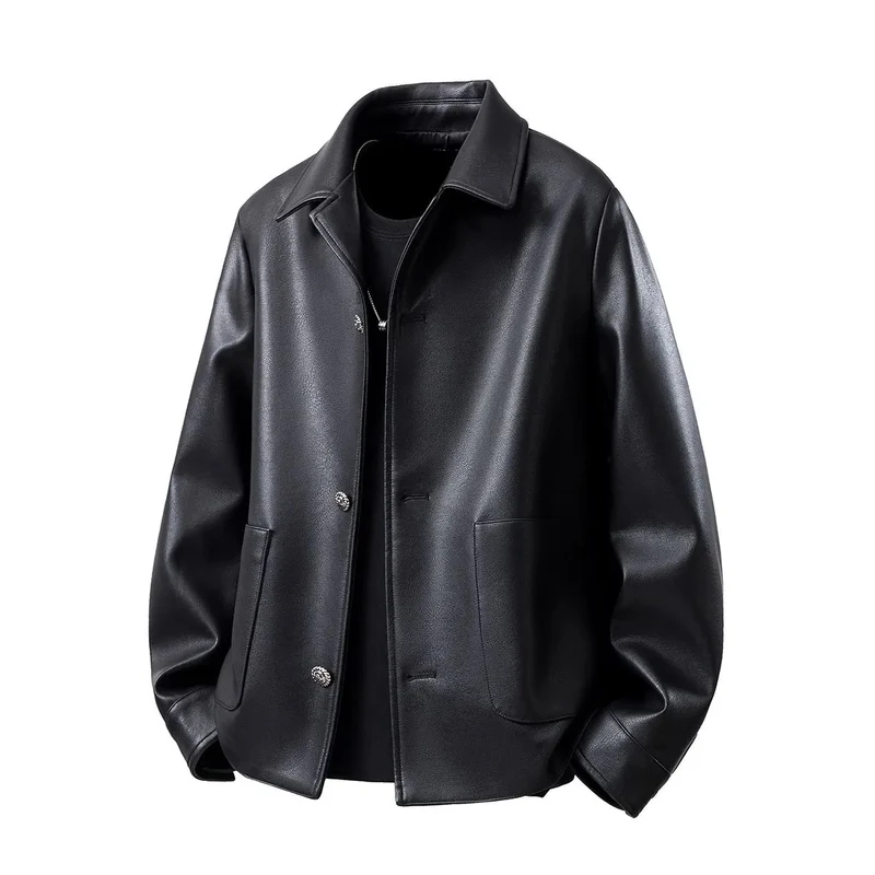 Herren Minimalistische Kunstleder-Überhemdjacke mit feiner Narbung, Metallknöpfen & geradem Schnitt Drune