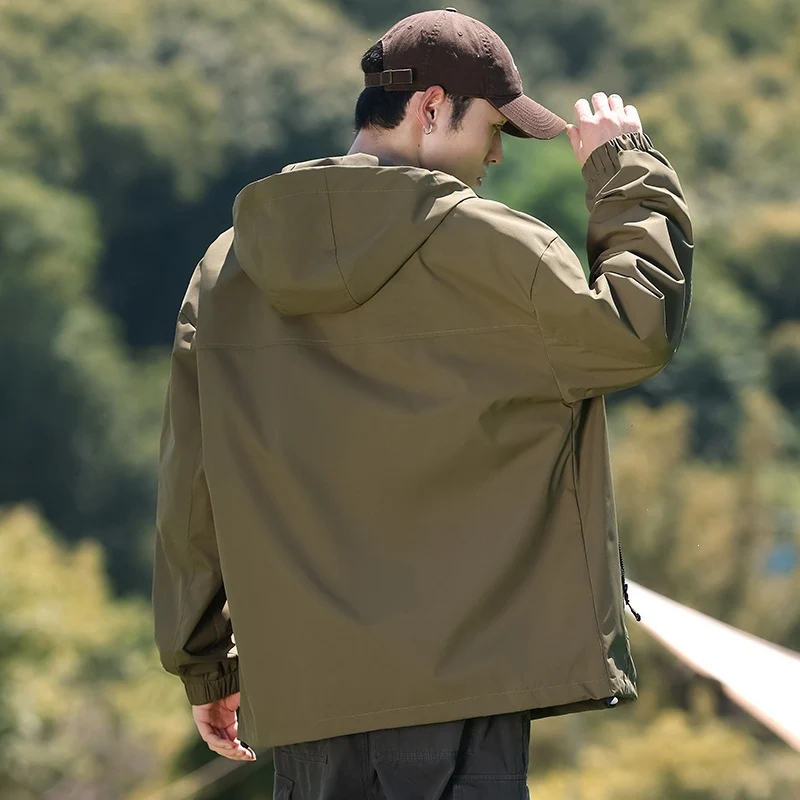 Herren Leichte winddichte Utility-Übergangsjacke mit Kapuze, Multifunktions-Reißverschlüssen & verstellbarem Saum Drune