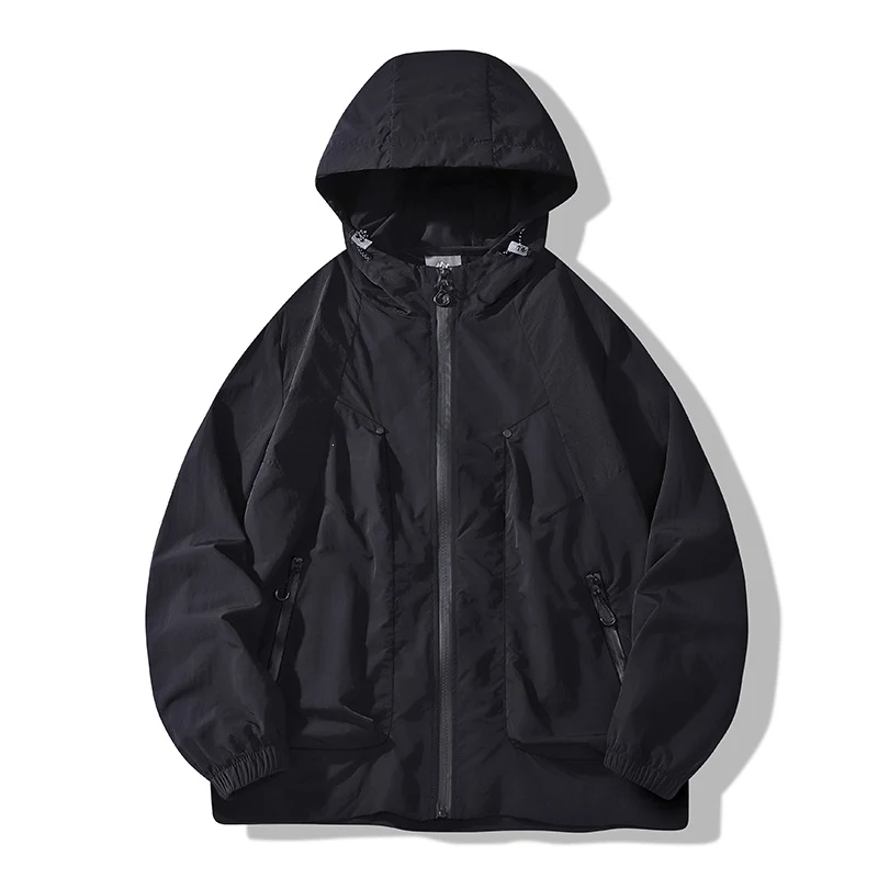 Herren Leichte winddichte Kapuzen‑Ripstopjacke mit Reißverschlusstaschen & elastischen Bündchen Drune