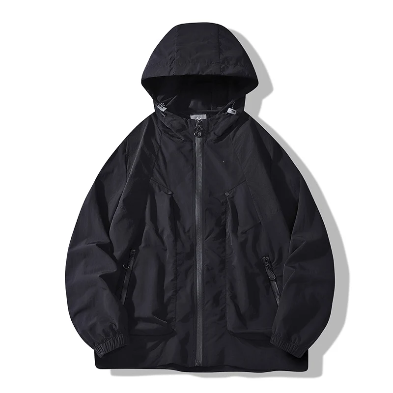 Herren Leichte winddichte Kapuzen‑Ripstopjacke mit Reißverschlusstaschen & elastischen Bündchen Drune