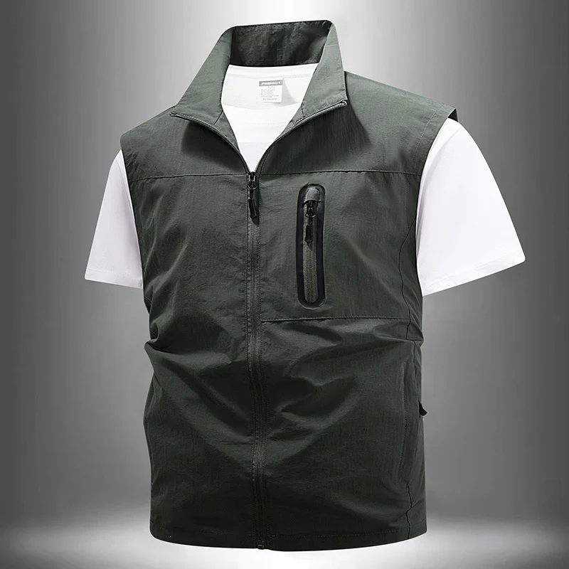 [Herren Leichte technische Utility-Weste mit hohem Stehkragen, wasserabweisenden Reißverschlusstaschen und Brustzip-Tasche] Drune