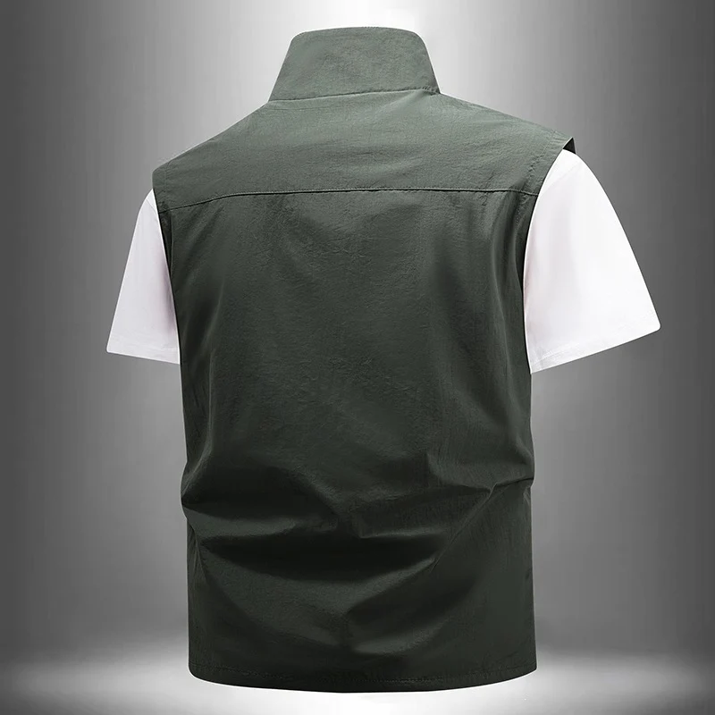 [Herren Leichte technische Utility-Weste mit hohem Stehkragen, wasserabweisenden Reißverschlusstaschen und Brustzip-Tasche] Drune