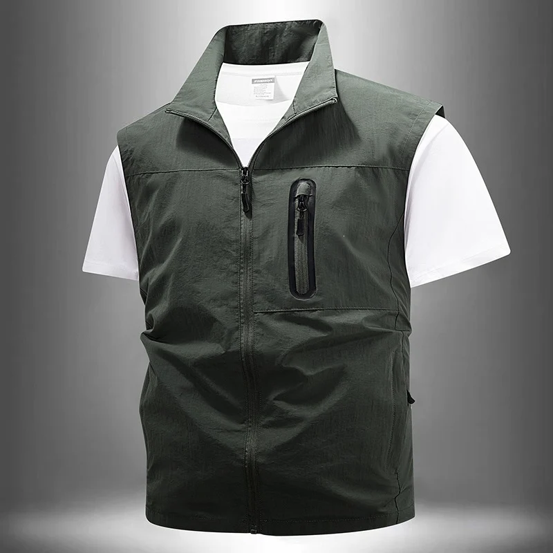 [Herren Leichte technische Utility-Weste mit hohem Stehkragen, wasserabweisenden Reißverschlusstaschen und Brustzip-Tasche] Drune