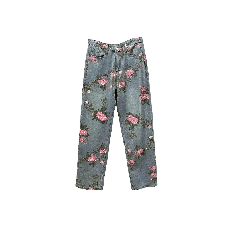 Damen Weitgeschnittene Blumen-Cargo-Jeans Drune