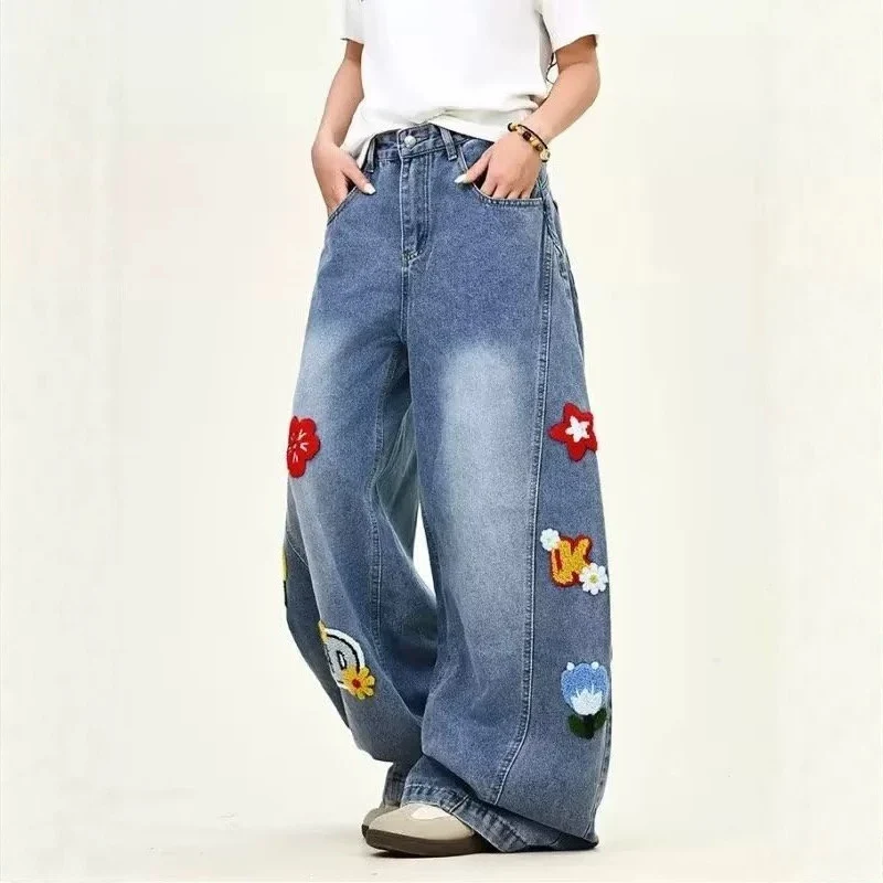 Damen Weitgeschnittene Blumen-Applikationen Jeans Drune