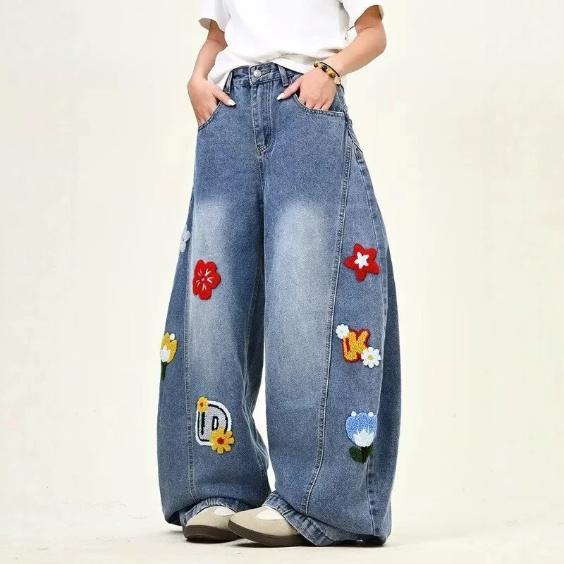 Damen Weitgeschnittene Blumen-Applikationen Jeans Drune
