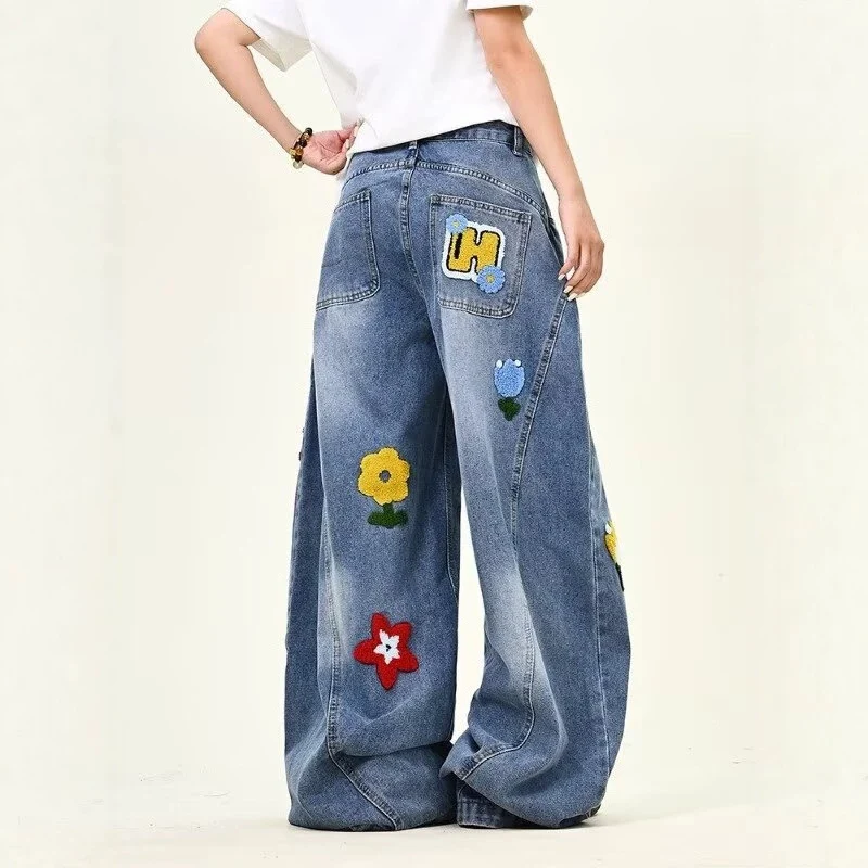 Damen Weitgeschnittene Blumen-Applikationen Jeans Drune