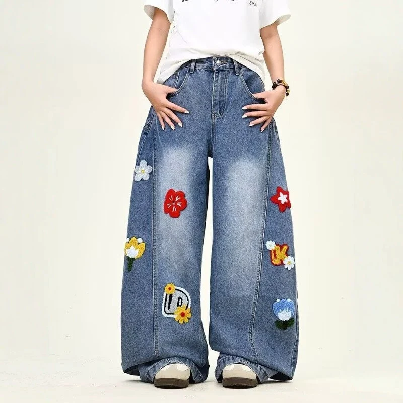 Damen Weitgeschnittene Blumen-Applikationen Jeans Drune