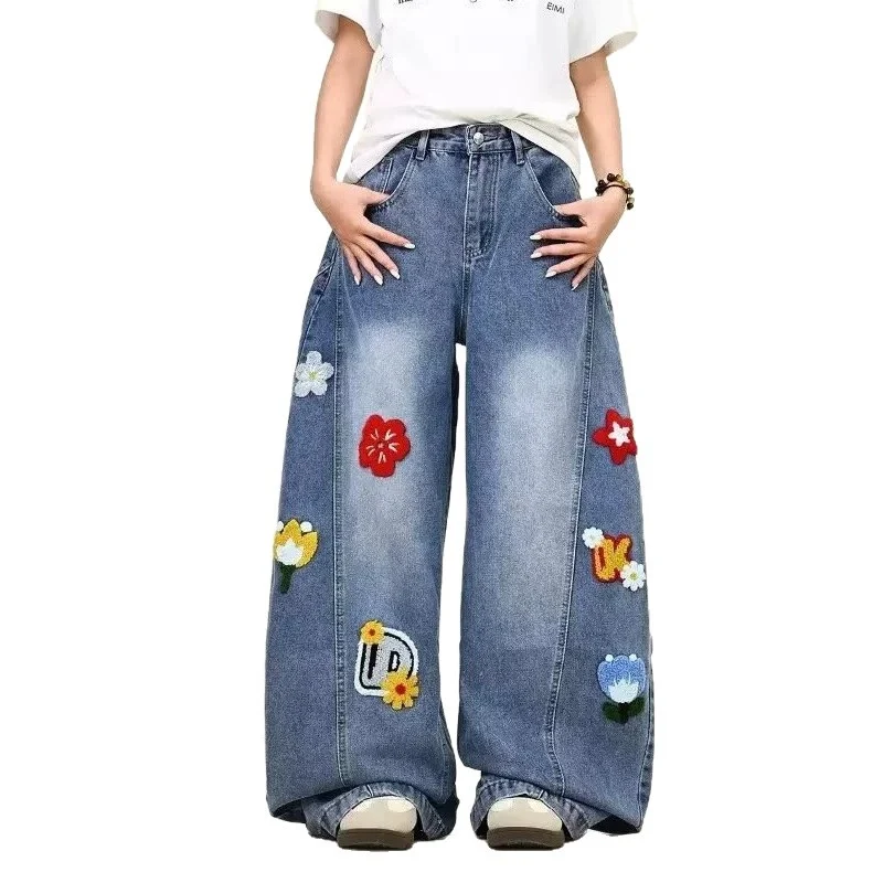 Damen Weitgeschnittene Blumen-Applikationen Jeans Drune