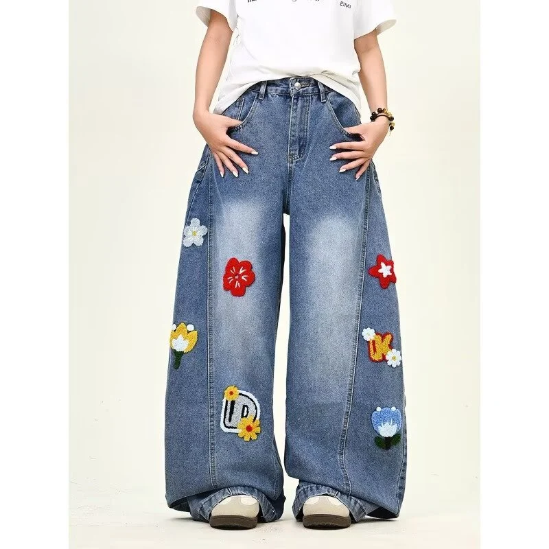 Damen Weitgeschnittene Blumen-Applikationen Jeans Drune