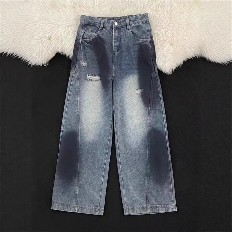 Damen Weitbeinige Destroyed Jeans Drune