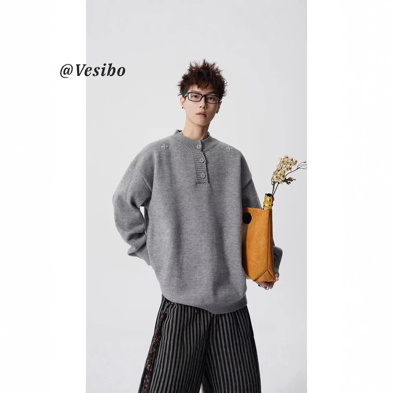 Damen Modischer Oversized Pullover mit Knopfleiste Drune