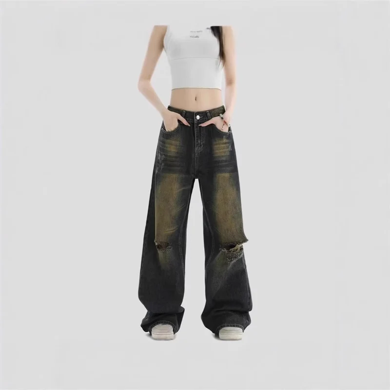 Damen Modische Weitbeinjeans mit zerrissenen Details Drune
